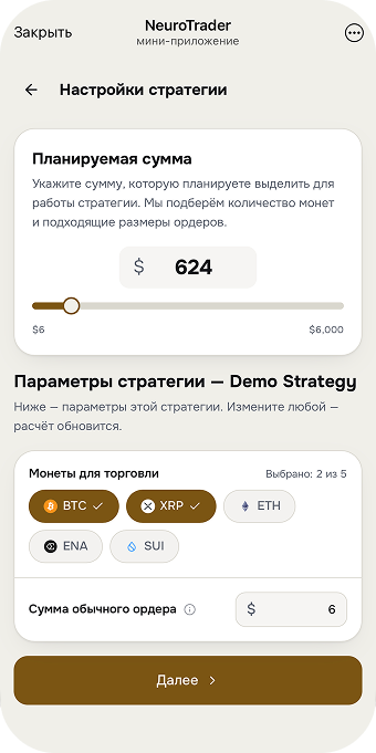 Strategy parameters setup screen: planned amount, coins to trade and order size